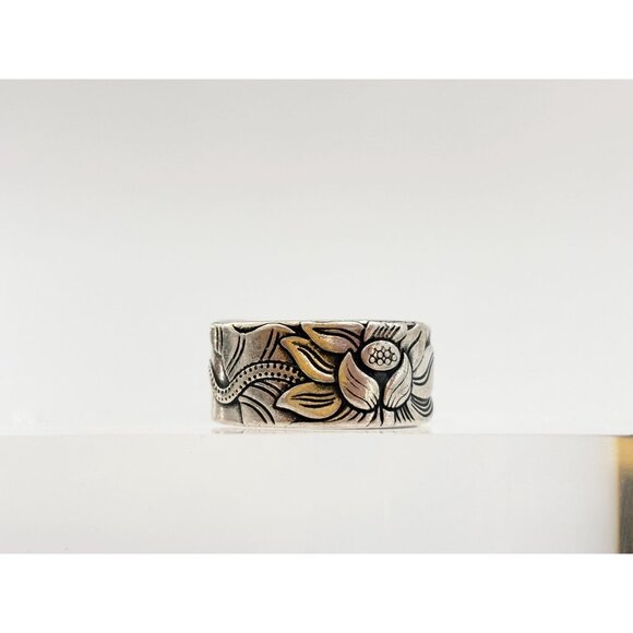 Lotus Buddhist Heart Sutra Embossed 925 Sterling Silver Vintage Ring - sz 8.5 - Picture 4 of 15
